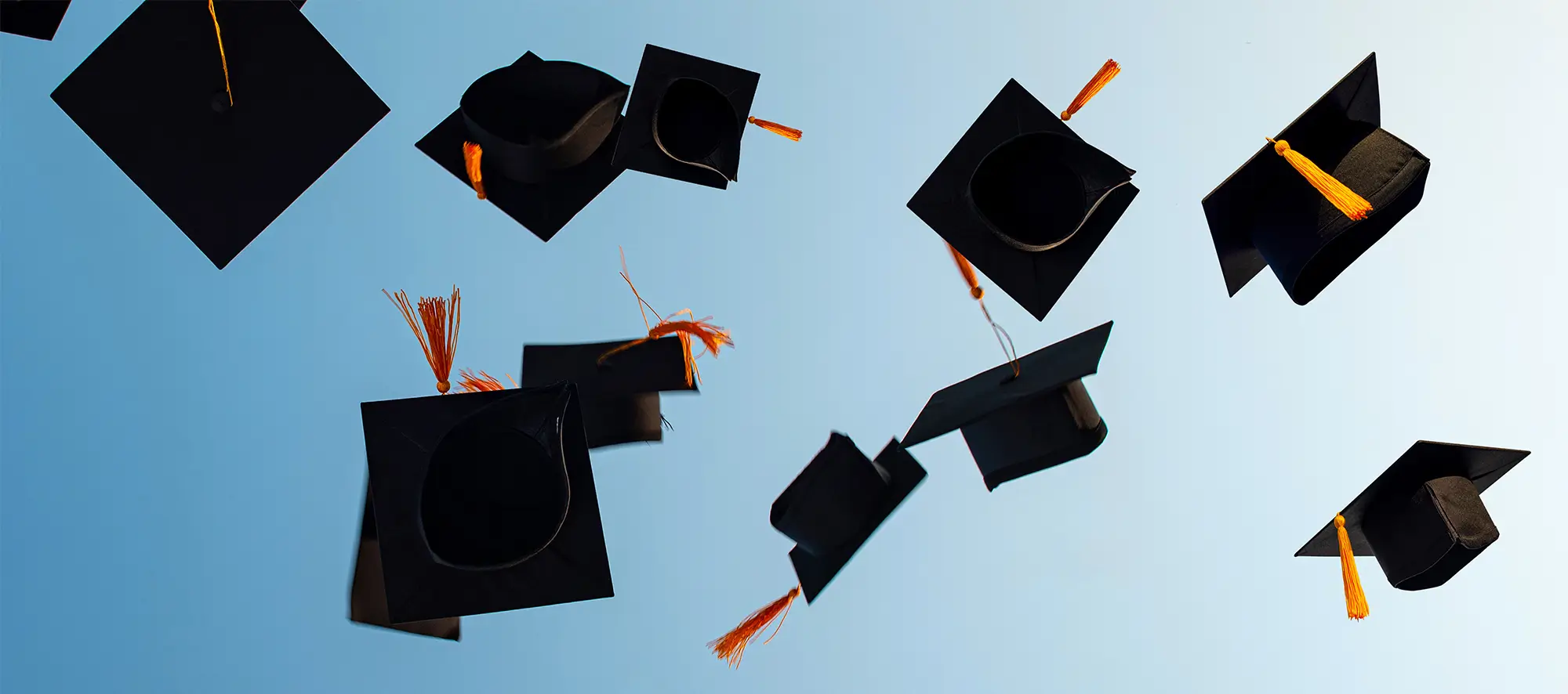 Graduation caps tossed in the air.