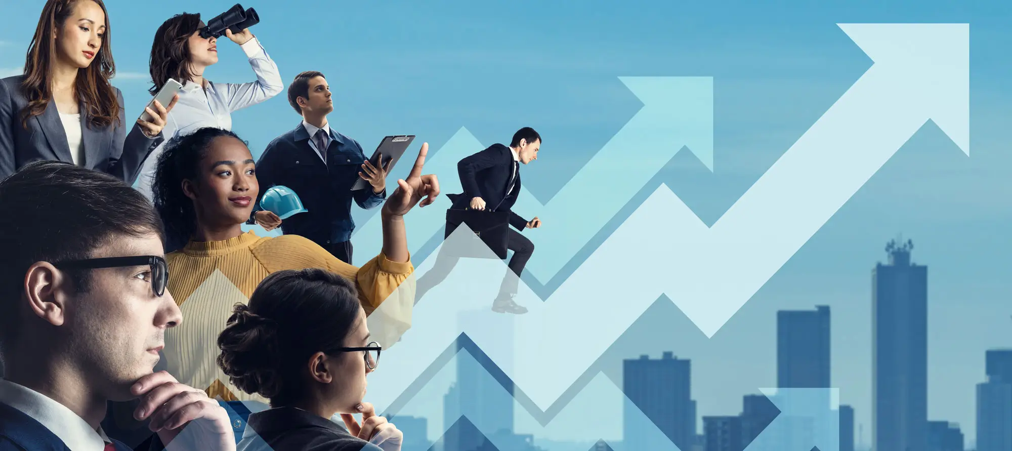 Graphic containing various people in industries with a cityscape background overlayed by rising arrows.