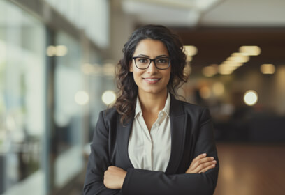 Business woman standing in office building hallway next to windows.