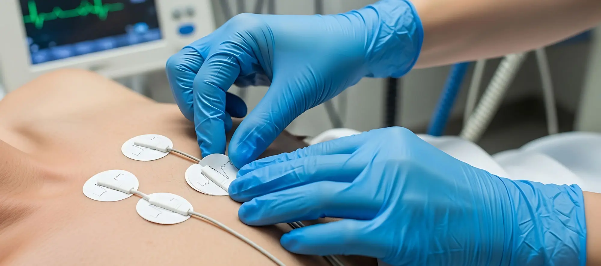 A healthcare professional in blue gloves carefully attaches electrodes to a patient's chest for an electrocardiogram.