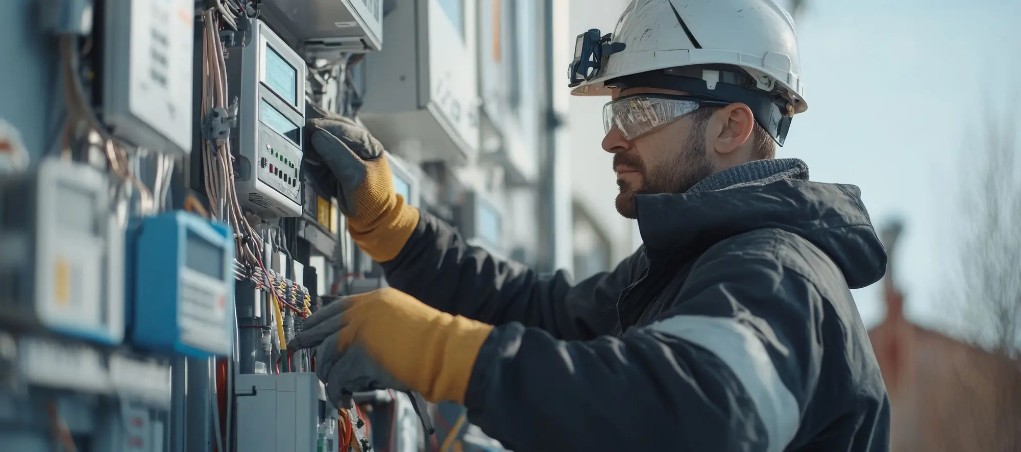 A technician in safety gear inspects electrical equipment, ensuring proper functioning of meters and maintaining safety protocols.