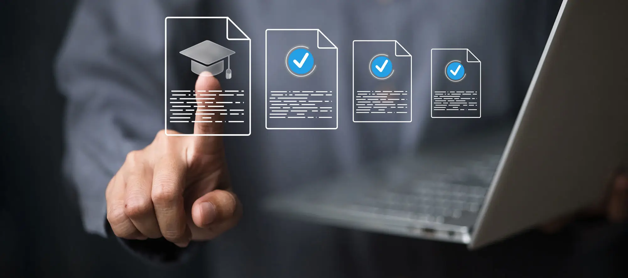 Businessman using laptop to validate online education certificates.