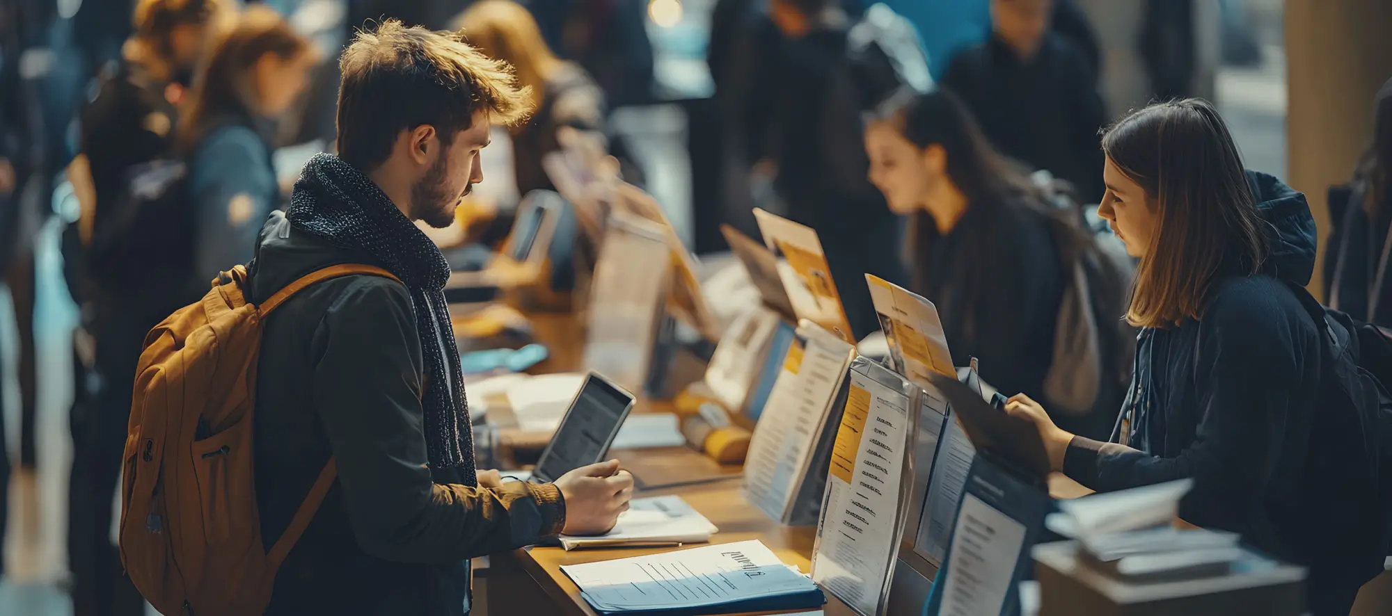 People at a busy registration desk, engaging with event information, checking in, and filling out forms.