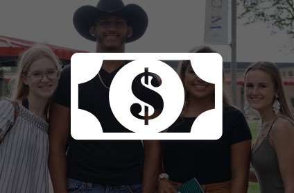 Group of students on campus with an icon of a dollar on top.