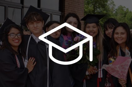 Group of graduating students with an icon of a graduation cap on top.