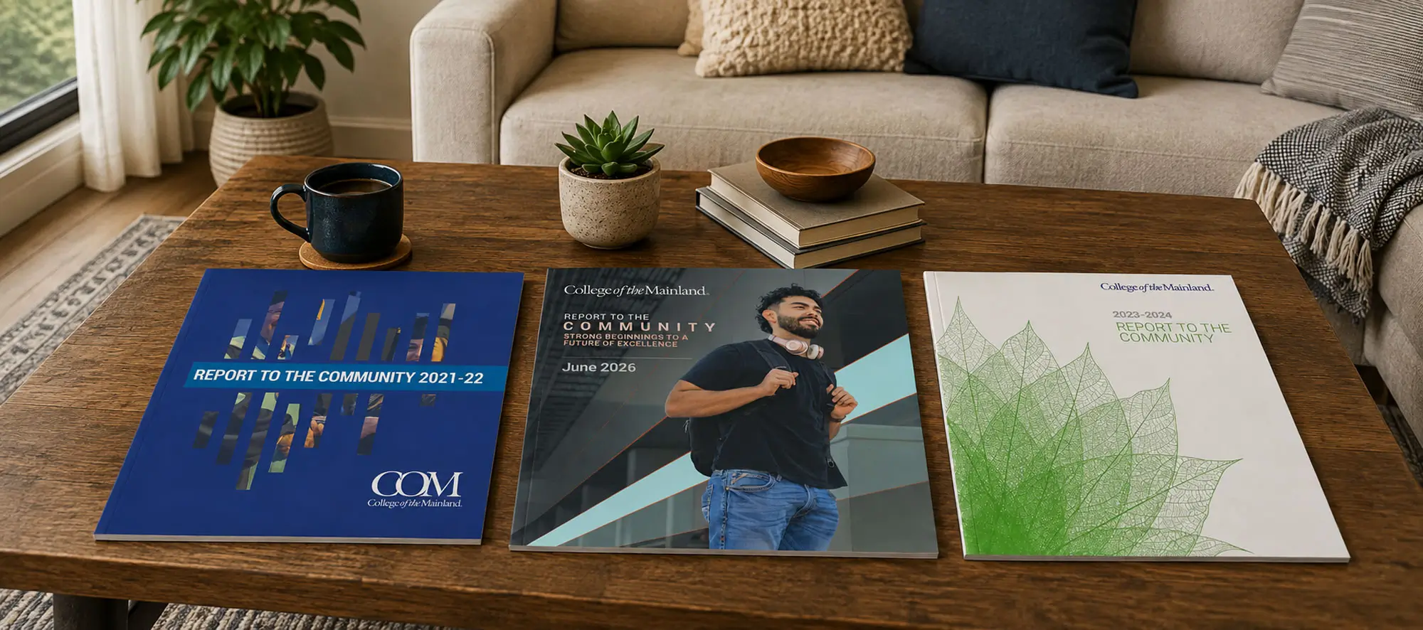 Three COM community report magazines laid out across a coffee table.