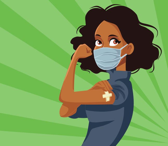 Illustration of a woman wearing a mask flexing her arm with a bandaid on it.