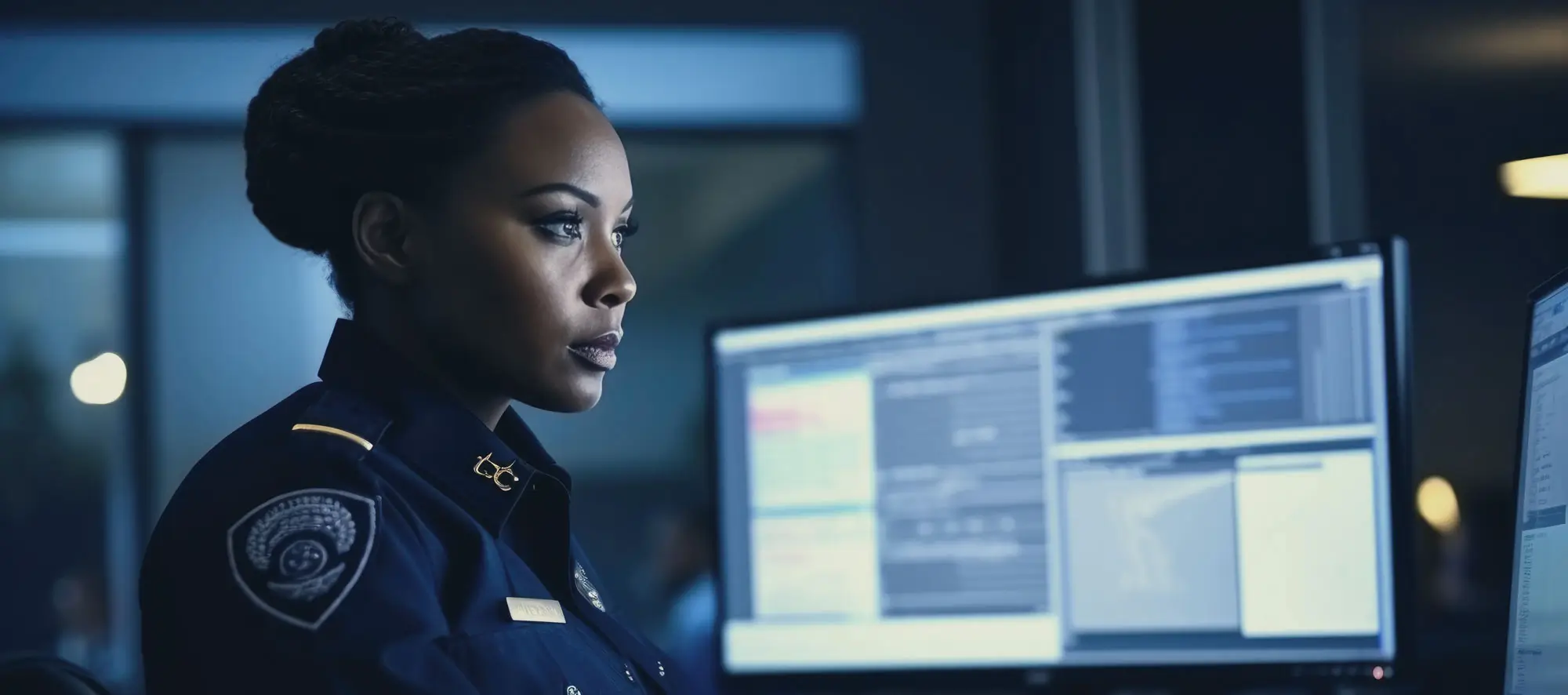 Female police officer sitting at computer in station