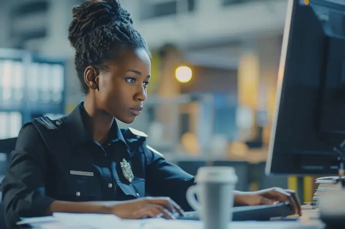 Uniformed female black police officer at a police station, looking at the computer.