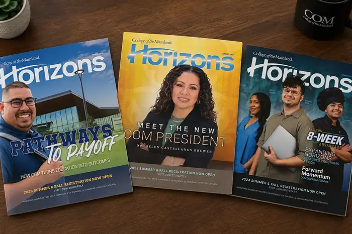 Three Horizons Magazines on a desk.
