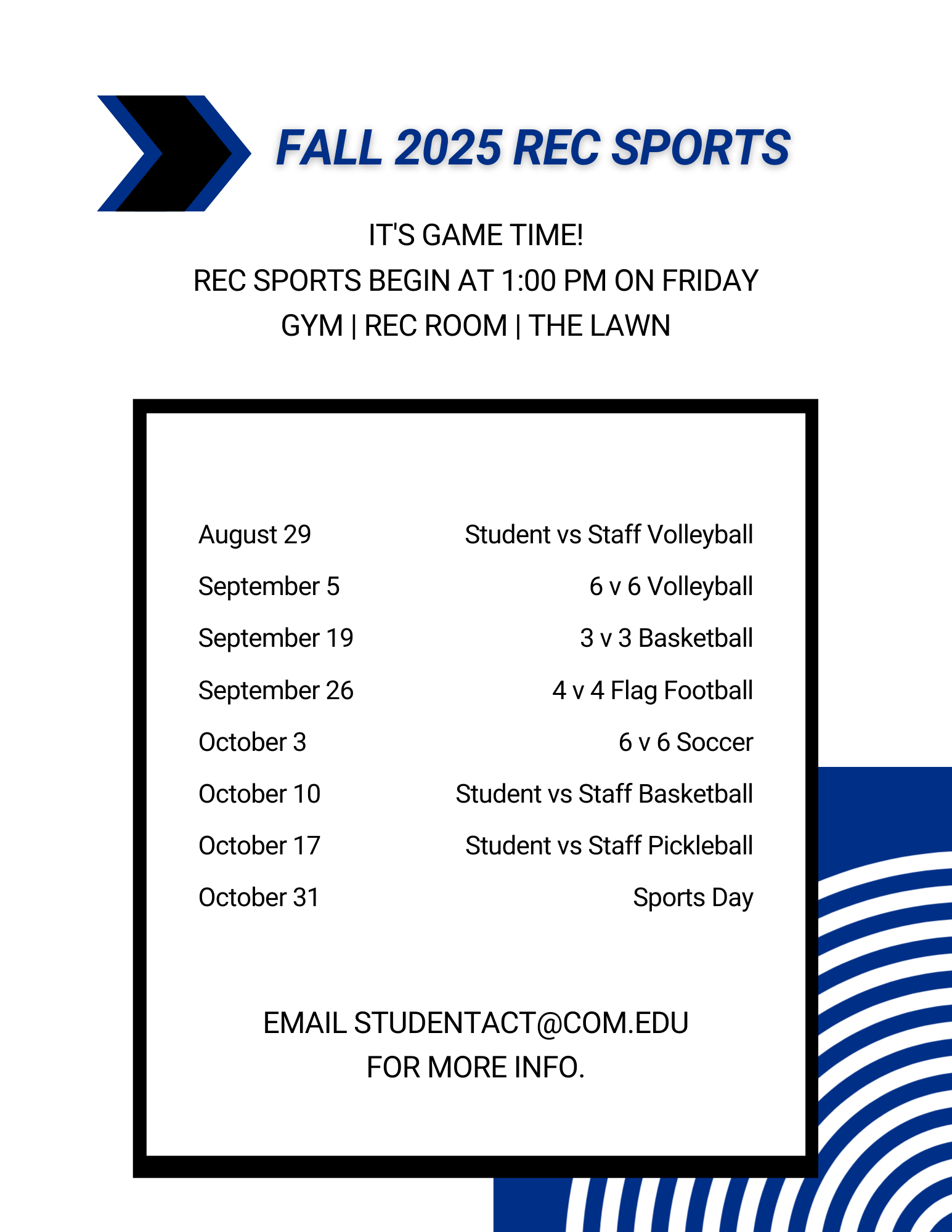 Fall 2025 Rec Sports Calendar Calendar of Fall 25 Rec Sports