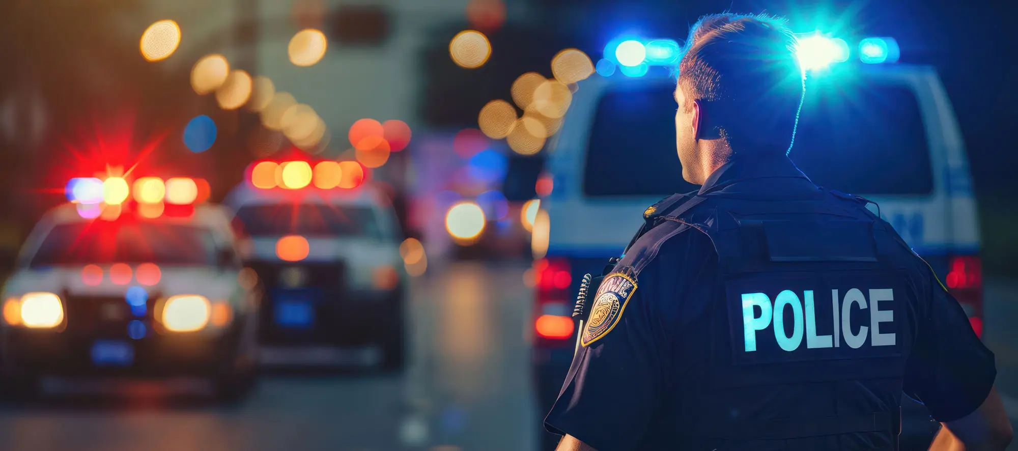 Officer in street with flashing police vehicles