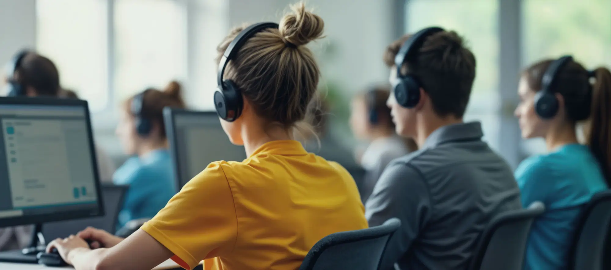 Students in a lab with headphones taking an exam