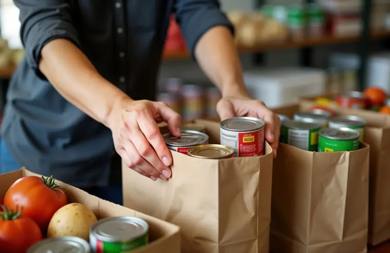 Person packing food donations into paper bags at food bank.