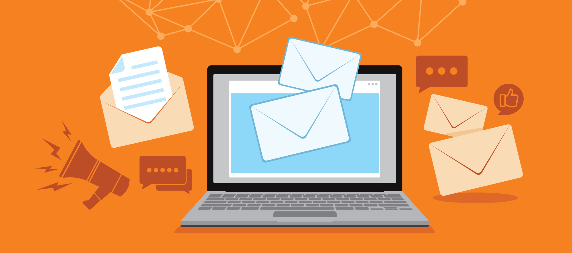 Graphic of computer with mail folders scattered about on an orange background.