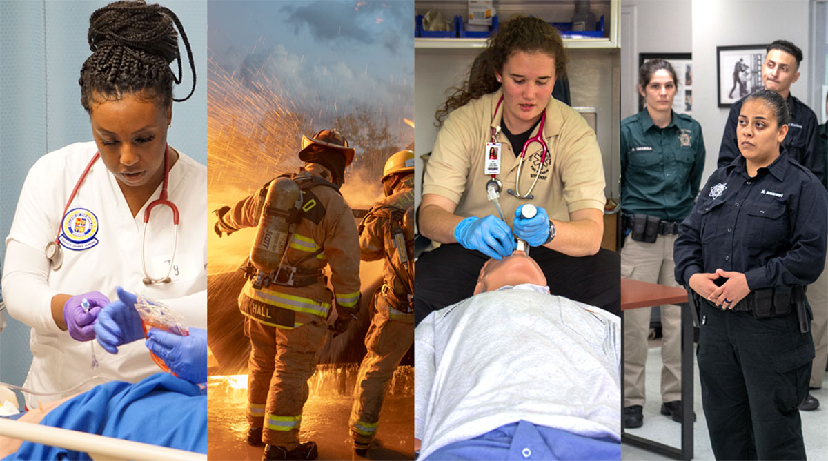 Collage of nurses, firefighters, emt and police officer students.