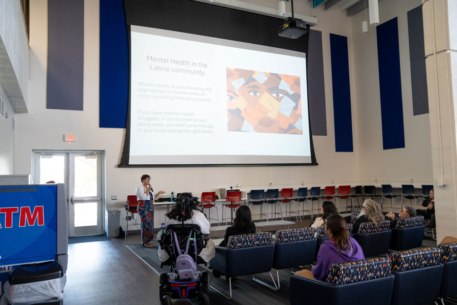 Student giving presentation in Student Center